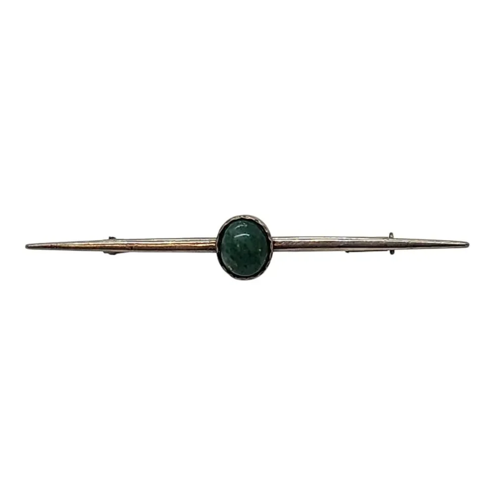 Antique Long Bar Brooch Pin Sterling Silver Jade Cabochon Tie Suite Collar Hat